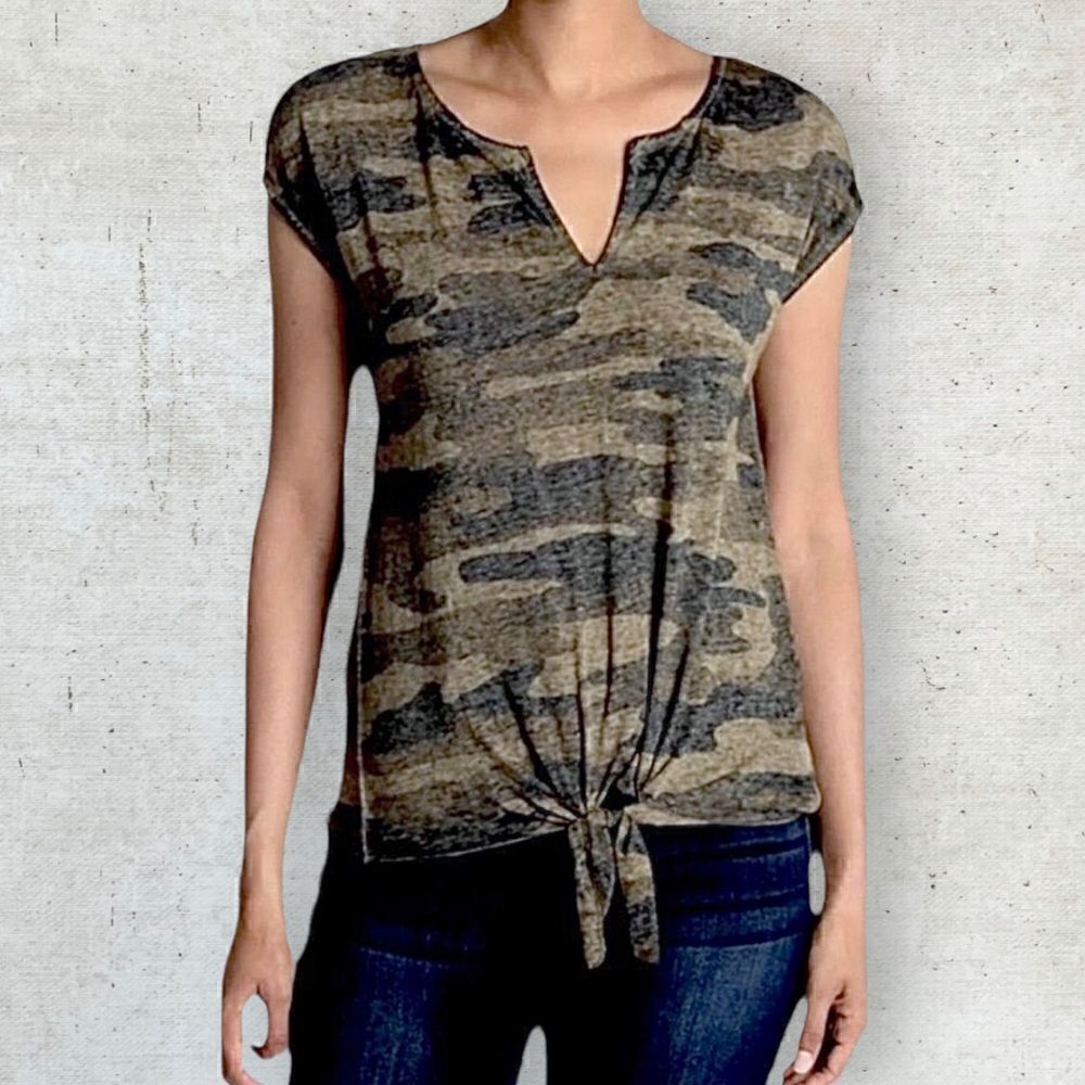 Lucky Brand Camo Tie Front Top Tee Sz S